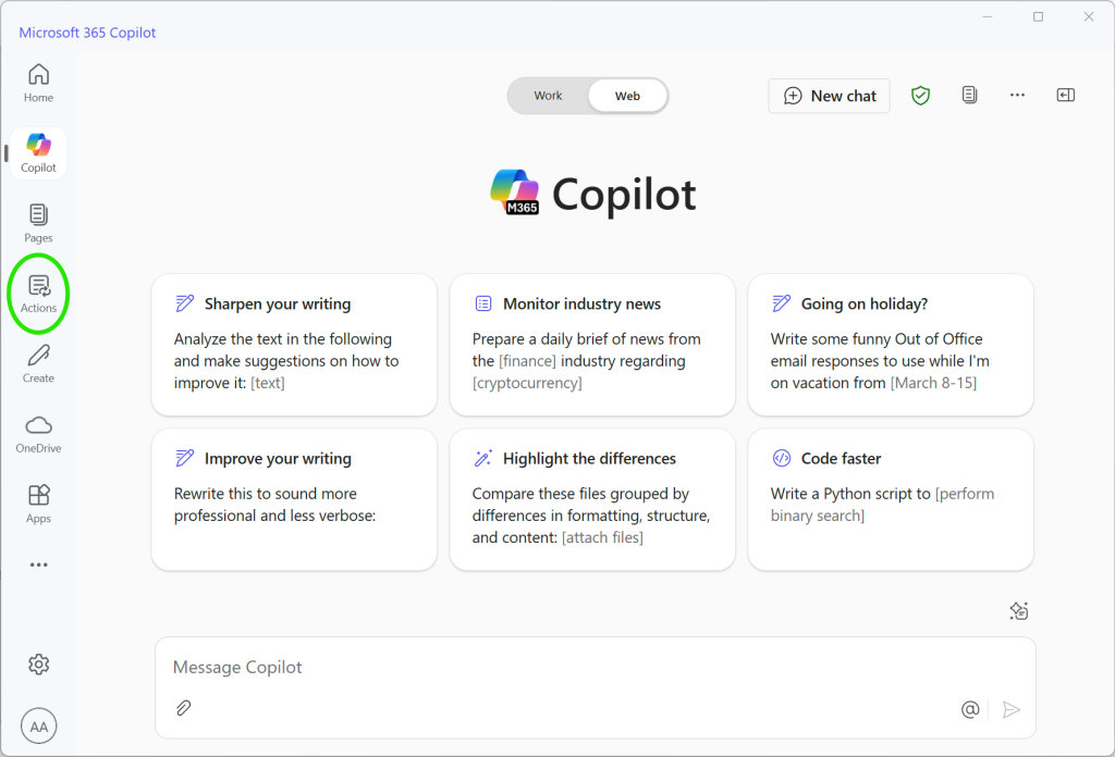 Actions menu in Microsoft 365 Copilot