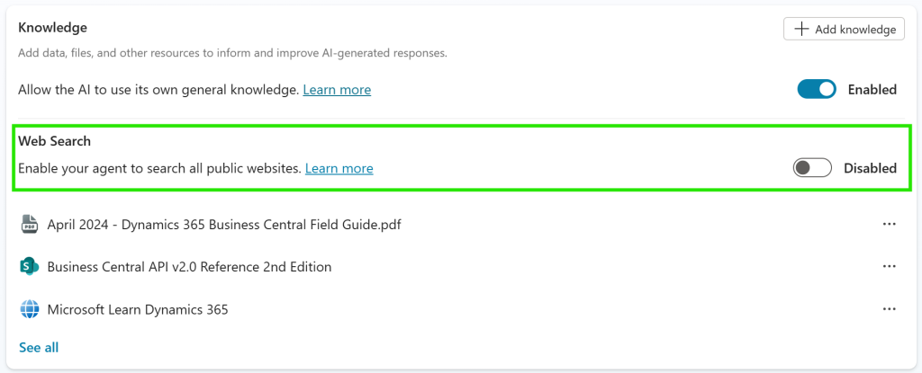 Web Search can be enabled from the Knowledge area on the Overview page for your Agent in Copilot Studio.